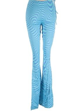 Zara Womens XS Blue & Green Swirl Print Flared Pants With Side Tie Detail
